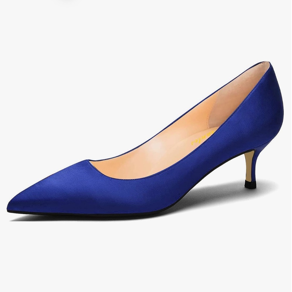 Fashion Pointed Toe Slip On Comfort Basic Kitten Heel Pumps Shoes Blue Satin